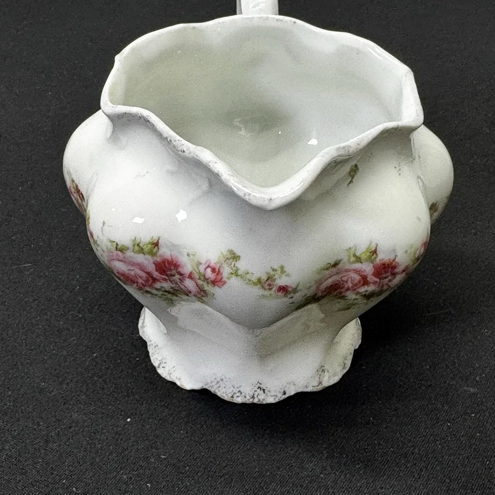 Antique Porcelain Creamer Pitcher Painted Pink Rose Design Decorative Handle‎